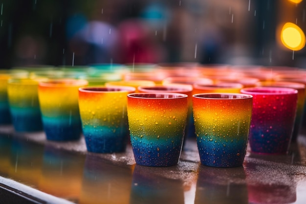 Shot glasses with rainbow colors on a table with raindrops on them