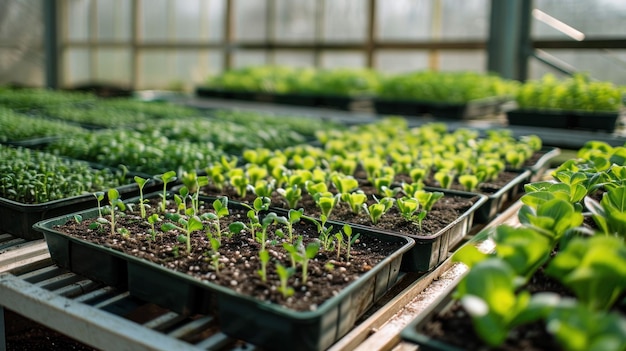 Shot of a greenhouse with trays of sprouting vegetables