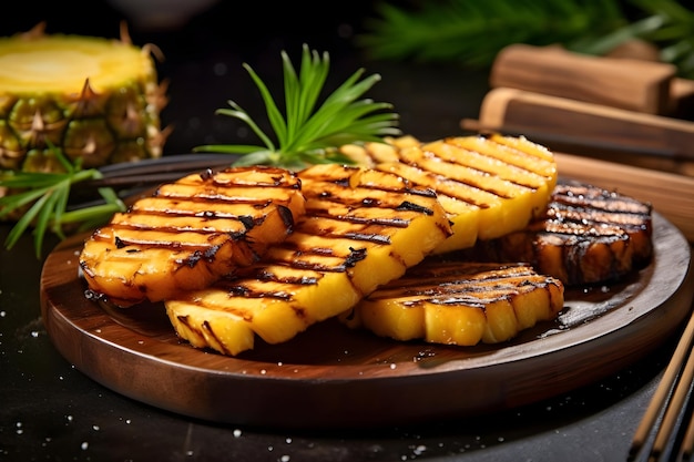 Shot of grilled pineapple slices on a bamboo plate High resolution