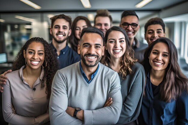 オフィスで働く多民族グループのカメラに微笑むビジネスマンのグループのショット