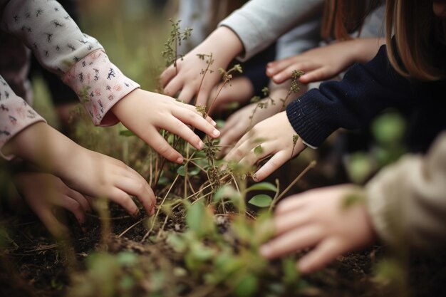 Foto inquadratura di un gruppo di bambini che mettono le mani sulle piante in un centro di educazione ambientale