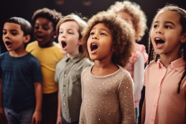 音楽のレッスン中に一緒に歌っている子供たちのグループのショットがジェネレーティブAIで作成されました