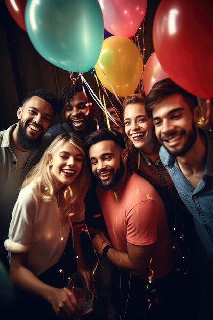 Photo shot of a group of close friends having fun at their own party created with generative ai