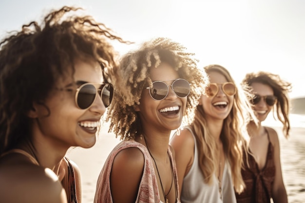 Shot of a group of friends hanging out at the beach created with generative ai