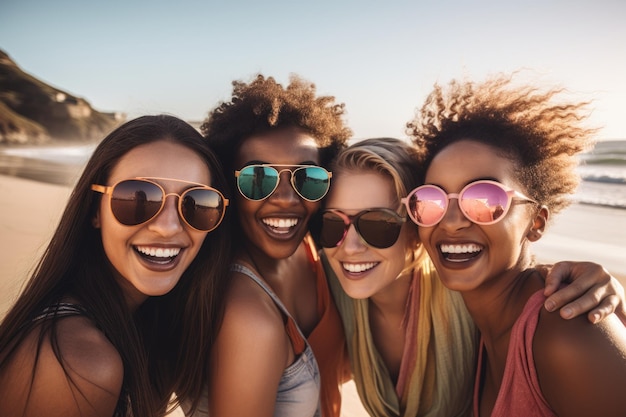 Shot of a group of friends having fun at the beach created with generative ai