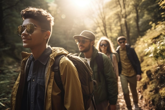 Shot of a group of friends hiking created with generative ai