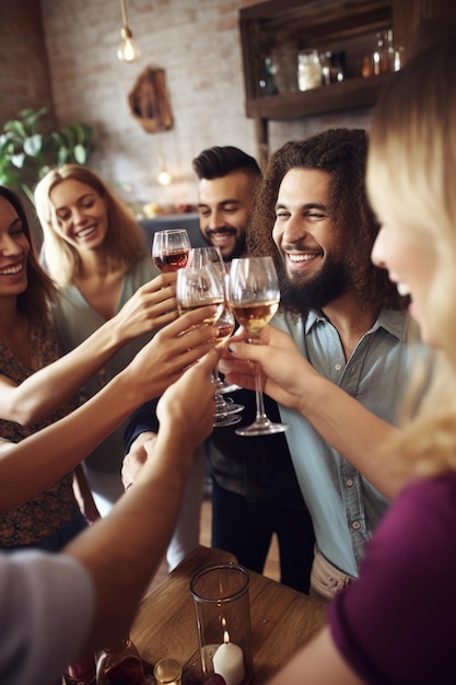 Shot of a group of friends raising their glasses at a party created with generative ai