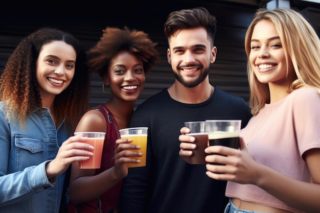 Shot of a group of friends standing outside together holding drinks created with generative ai