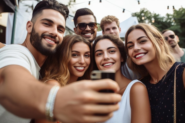 Photo shot of a group of friends taking a selfie together at an event