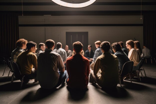 Photo shot of a group of people in a circle at the back wall in class created with generative ai