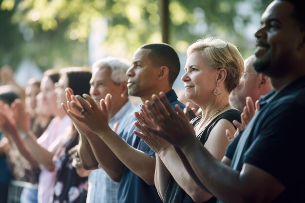 Foto scatto di un gruppo di persone che applaudono a un evento creato con l'ia generativa