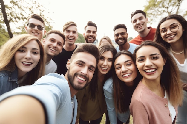 Foto scatto di un gruppo di persone che scattano selfie insieme creato con l'ia generativa