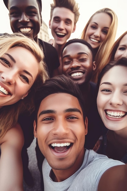 Shot of a group of people taking selfies together outdoors created with generative ai