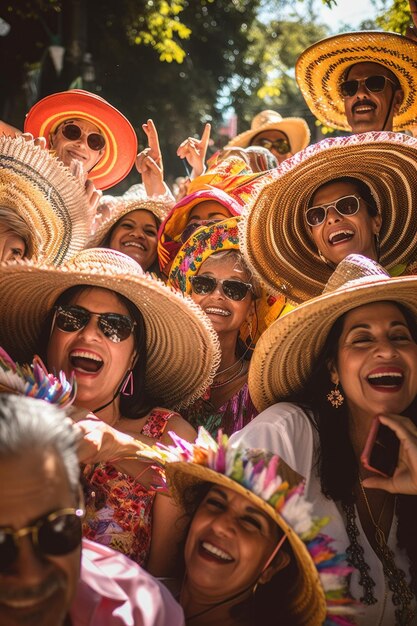 Shot of a group of people taking selfies while wearing sombreros created with generative ai