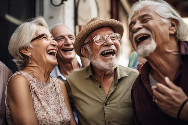 Снимок группы старших друзей, смеющихся вместе, созданный с помощью генеративного ИИ