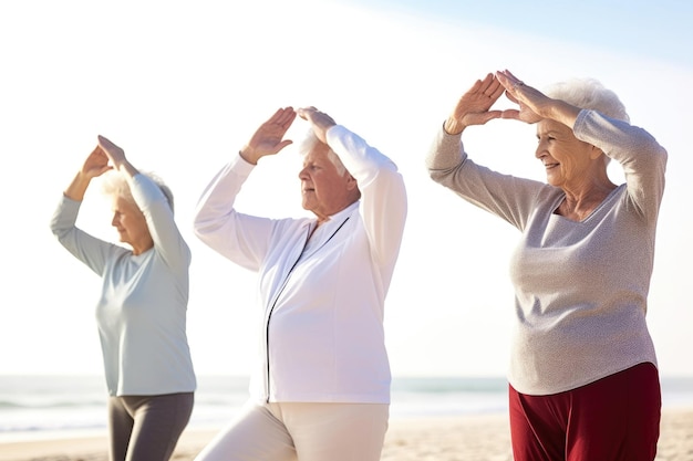 Shot of a group of seniors doing exercises on the beach created with generative ai