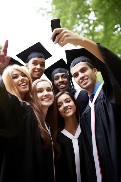 Photo shot of a group of students taking pictures together at graduation