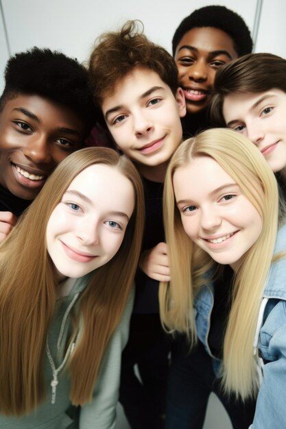 Foto inquadratura di un gruppo di adolescenti che guardano insieme la telecamera