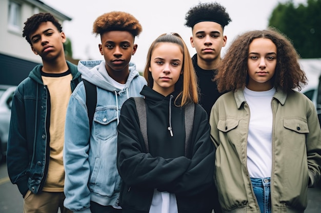 Shot of a group of teenagers standing outside created with generative ai