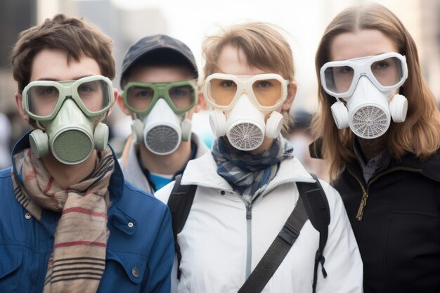 Shot of a group wearing pollution masks protesting against global warming created with generative ai