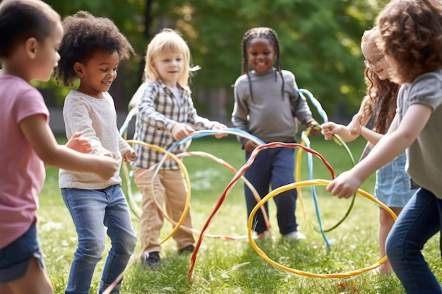 Photo shot of a group of young children playing with hula hoops outdoors created with generative ai