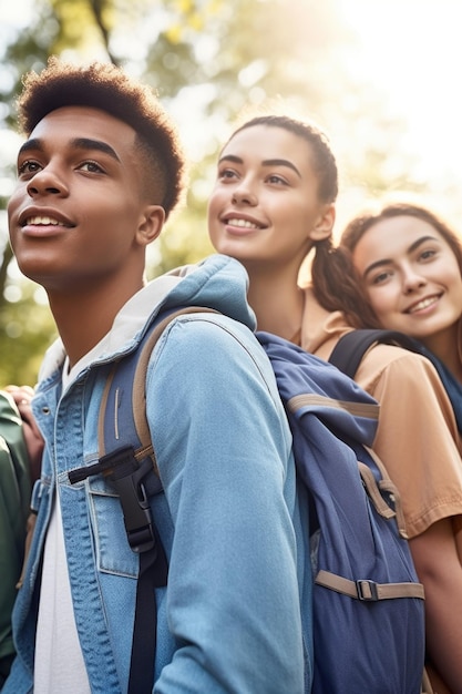 Shot of a group of young friends wearing backpacks while enjoying a day outdoors