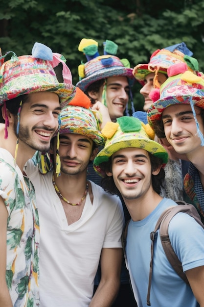 우스꽝스러운 모자를 쓰고 함께 사진을 찍는 젊은 남성 그룹의 사진
