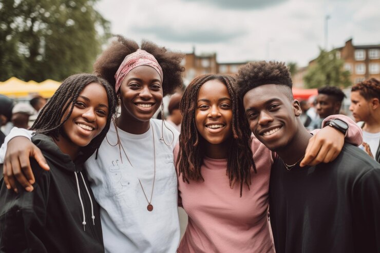 Photo shot of a group of young people holding a community event created with generative ai
