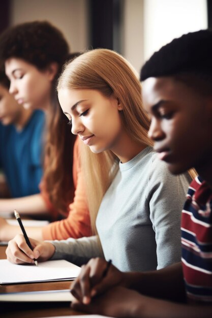 Photo shot of a group of young students taking notes in class