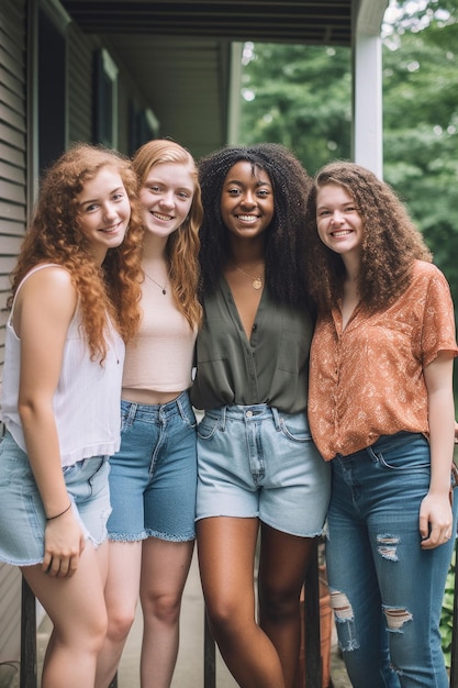 Shot of a group of young women standing together outside created with generative ai