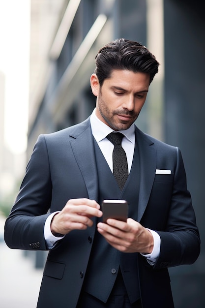 Shot of a handsome businessman using his phone to send a message created with generative ai