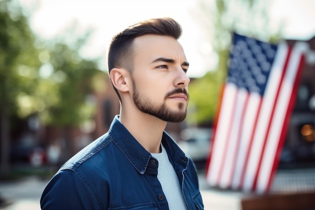 Shot of a handsome and confident young man posing outside on memorial day created with generative ai