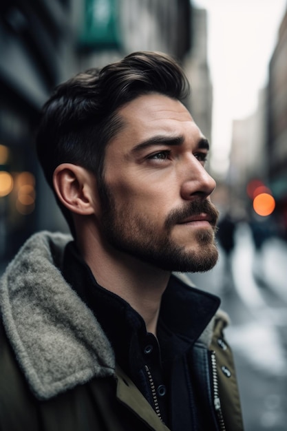 Shot of a handsome man in the city created with generative ai