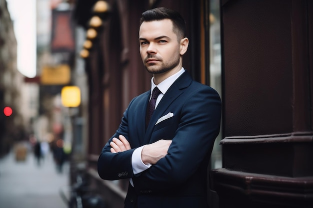 Shot of a handsome man in a suit standing outside with his arms crossed created with generative ai