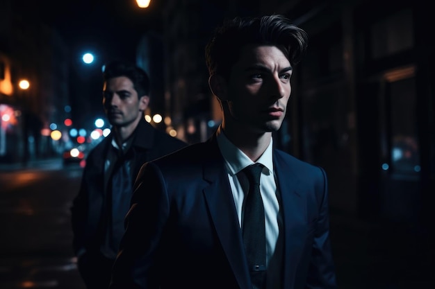 Shot of a handsome young businessman out at night with his companion created with generative ai
