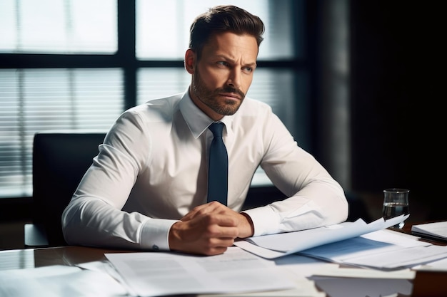 Shot of a handsome young businessman sitting on his desk looking at paperwork