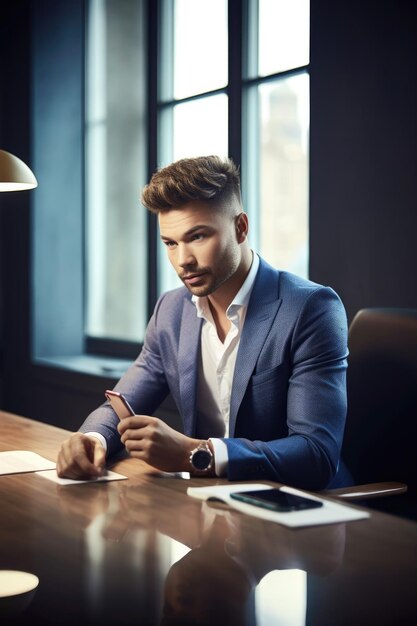 Shot of a handsome young businessman using his phone at his desk in the office