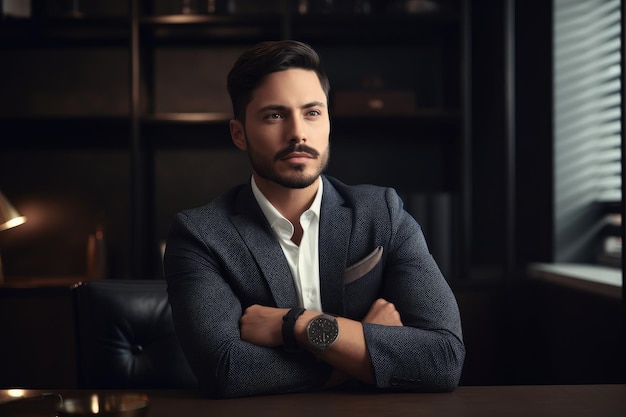 Shot of a handsome young man in his office created with generative ai