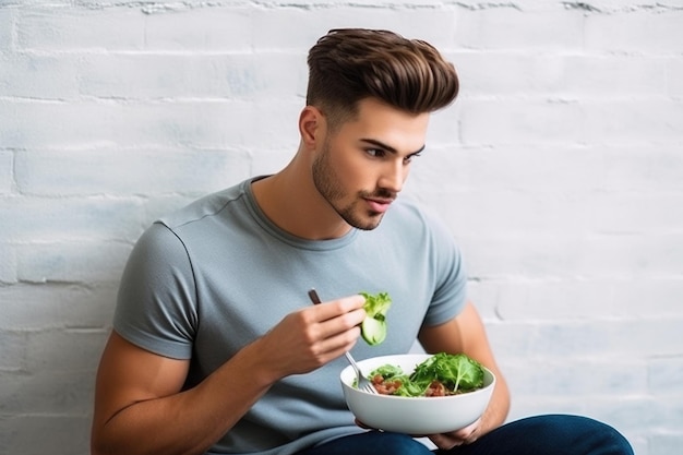 Photo shot of a handsome young man leaning against the wall and eating a salad created with generative ai