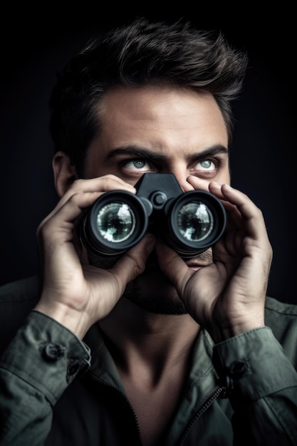 Shot of a handsome young man looking through his binoculars created with generative ai