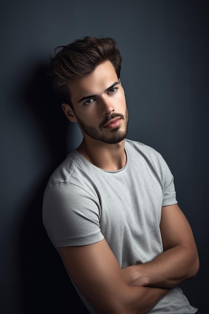 Shot of a handsome young man posing against a grey wall created with generative ai