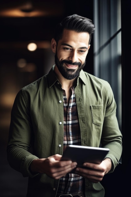 Shot of a handsome young man using his digital tablet created with generative ai
