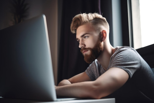 Shot of a handsome young man using his laptop at home created with generative ai