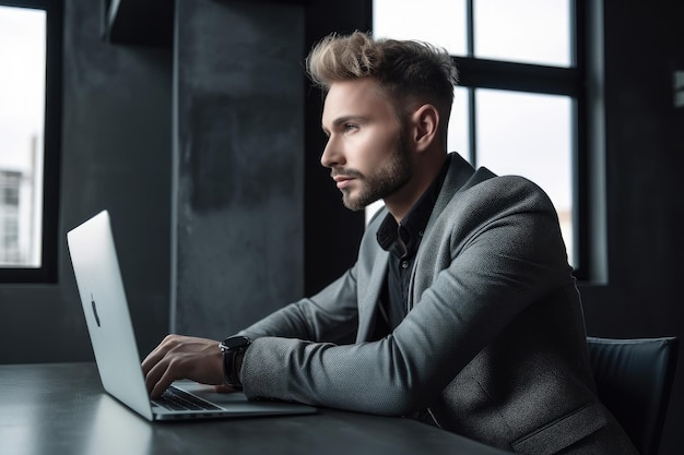 Shot of a handsome young man using his laptop in the office created with generative ai