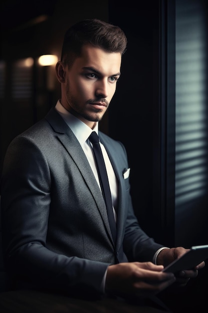Shot of a handsome young man using his tablet while working in his office created with generative ai
