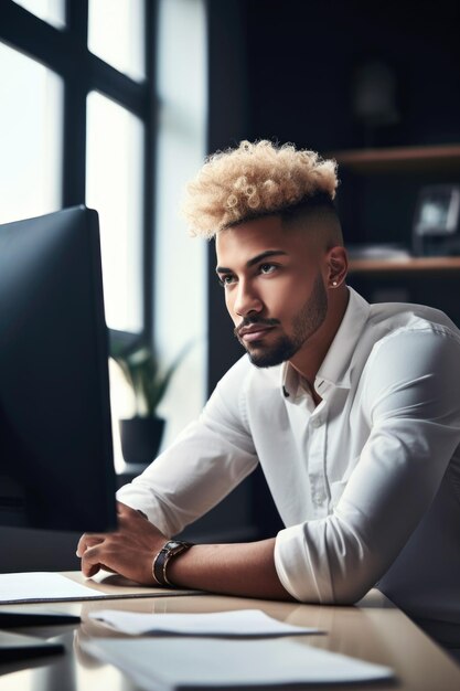 Shot of a handsome young man working at his desk in an office created with generative ai