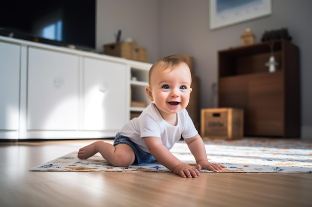 リビング ルームの床に座っている幸せな小さな男の子のショット