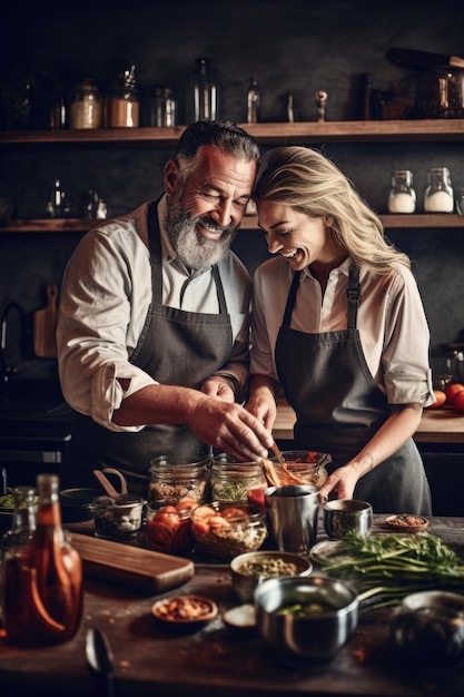 Foto scatto di una felice coppia di mezza età che cucina insieme creato con l'ia generativa