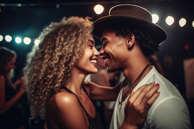 Shot of a happy young couple dancing at a party created with generative ai