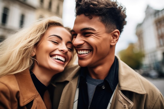 Shot of a happy young couple having fun while out together in the city created with generative ai